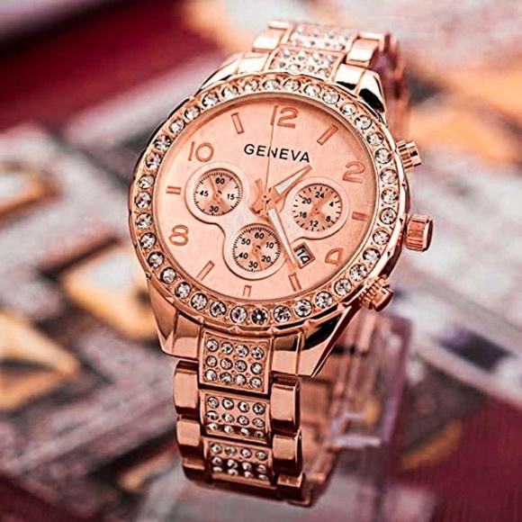 Rose Gld Floating Crystal Calendar Geneva SS Watch - Picture 7 of 8